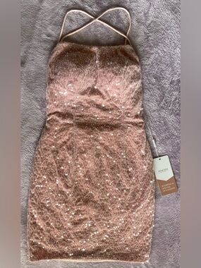 Stacees Dusty Rose Crushed Velour Sequin Mini Dress Strappy Tie Back NWT Size S